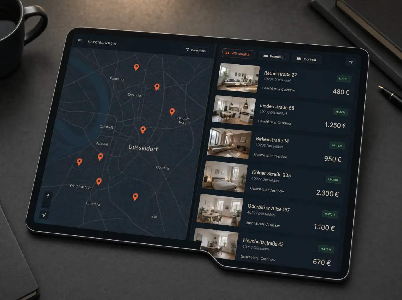 Property-Scouting-Dashboard mit Karten-Pins und Cashflow-Schätzungen